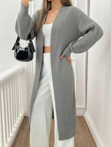 SHEIN Tall Tall Women Casual Solid Black Rib Knit Long Cardigan - Grey - View 5