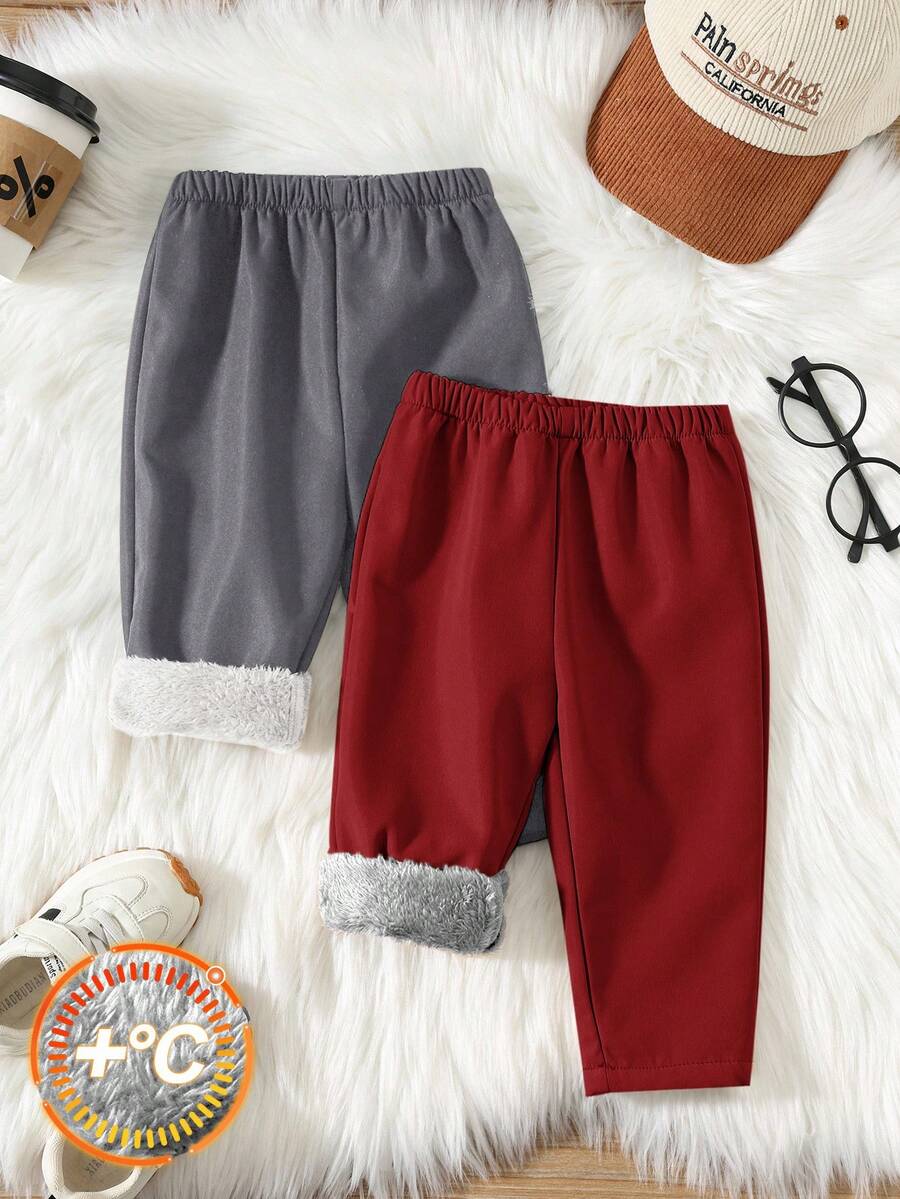 SHEIN Bộ 2 quần dài giữ nhiệt dày dặn, thoải mái, phong cách thể thao đường phố, dễ thương, năng động, phù hợp cho bé trai, mặc trong nhà và ngoài trời, thích hợp mặc vào mùa thu/đông - Nhiều màu - Xem 1
