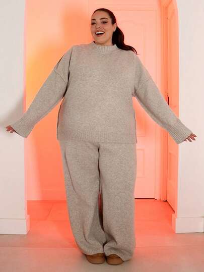Pretty and Ole Plus Size Women Casual Everyday Simple Solid Color Drop Shoulder Loose Pullover Sweater And Wide Leg Sweater Pants Set, Autumn/Winter Knit Two Piece Set Sweater And Skirt Set Two Piece Lounge Set Beige Two Piece Set Comfortable Two Piece Set Two Piece Knit Set