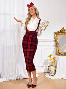 SHEIN Clasi 女士时尚百搭后开衩铅笔裙（带肩带），秋冬 - 紅色和黑色 - 查看 12