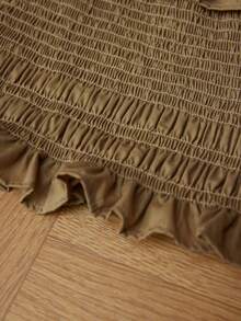 Revavyn 法式欧式弹力荷叶边领上衣，小众复古卡其色露肩两穿短款女式上衣 - 卡其色 - 查看 6