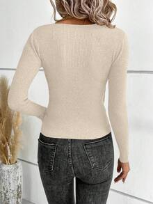 EURMUSE Women V-Neck Cross Wrap Fitted Ribbed Knit Pullover Sweater, Casual Solid Color - Cream - View 2
