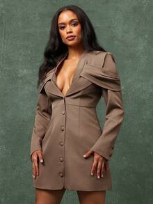 Vixey 垂褶过肩翻领西装裙 - 棕色 - 查看 2