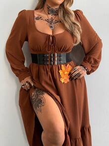 Whyspr 大码撞色收腰长袖连衣裙，春季 - 彩色 - 查看 5