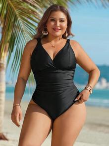 Swim Lushoire 2026新款加大码女士夏季沙滩度假连体泳衣，黑色修身优雅连体泳衣，褶皱腰部扭结肩带设计 - 黑色 - 查看 4