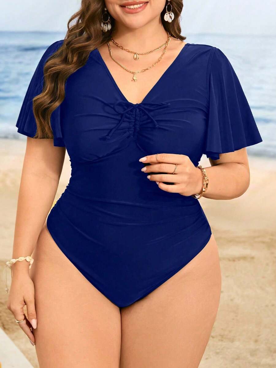 Swim Lushoire 大码女士纯色荷叶边袖抽绳腰连体泳衣，夏季 - 藍色 - 查看 1