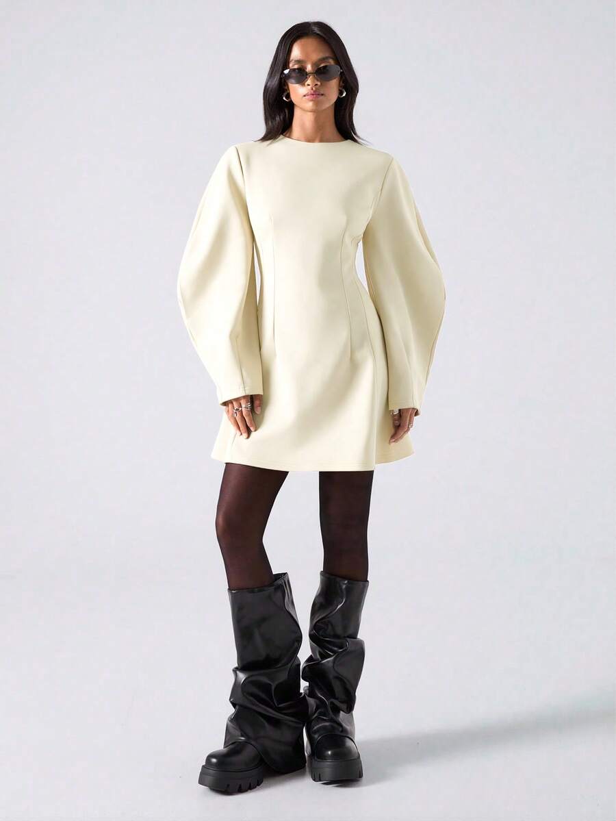 LYSMO Casual Solid Color Waist Cinched Long Sleeve Mini Dress For Women - Apricot - View 1