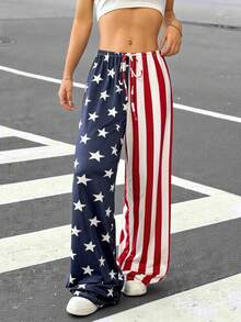 Muchica Women 4th Of July Contrast Color Striped Star Flag Print Pants - Multicolor - View 5
