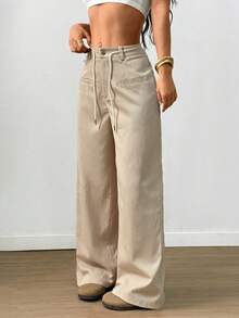 SHEIN Elenzya Women's Solid Color Crepe Drawstring Faux Pocket Casual Pants, Spring/Autumn - Apricot - View 5