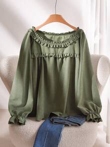CosyJoli Plus Size Women Casual Solid Color Ruffle Hem Blouse - Green - View 3