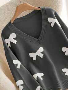 CosyJoli Áo len tay dài cổ chữ V họa tiết bướm dáng rộng cỡ lớn dành cho nữ vào mùa thu/đông - Màu xám đen - Xem 3