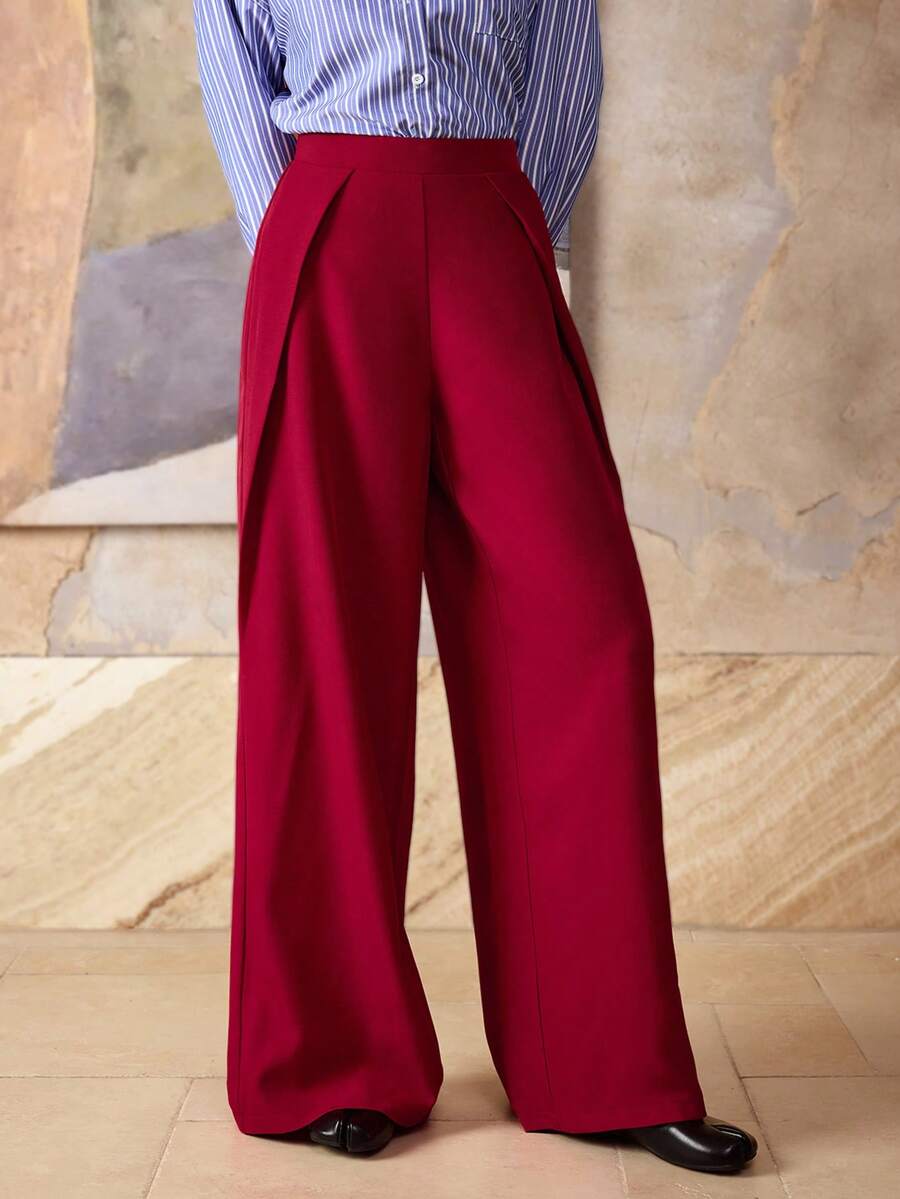 Hansera Pantalones anchos elegantes de pierna ancha con pliegues laterales de unicolor sin estiramiento para mujer, adecuados para uso diario, Día de San Valentín, Navidad, oficina y uso casual. Verano 2026 Navidad Año Nuevo Fiesta Playa para Mujer Casual - Rojo - Ver 1