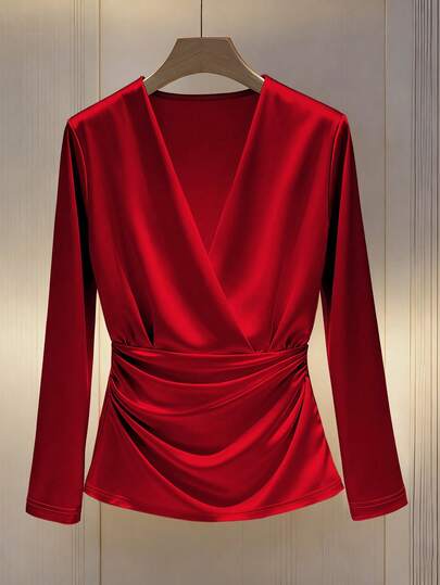 Franclia Fashionable Minimalist V-Neck Long Sleeve Ruffle Trim Fitted Office Shirt