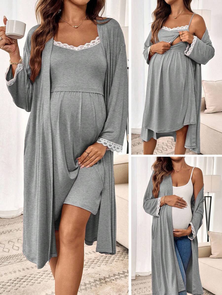 SHEIN 2pcs Maternity Lace Trim Robe And Camisole Nightgown Set