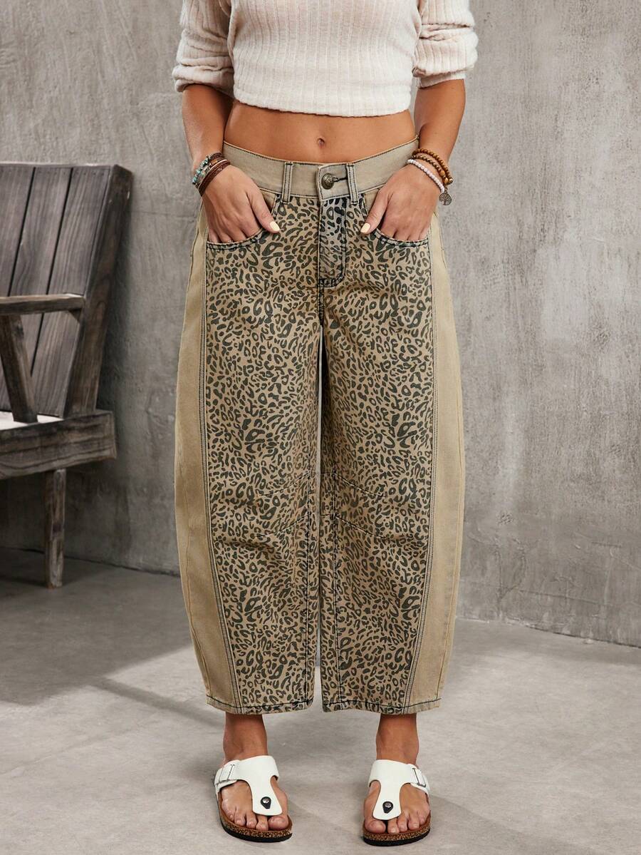 EMERY ROSE 女士休闲复古豹纹拼接低腰牛仔裤 - 淺灰色 - 查看 1