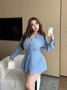 Vibekara 大码女式蓝色衬衫裙，超短款 - 淺藍色 - 查看 5