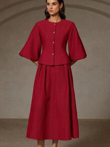 Aveloria Rosie Women's Round Neck Herringbone Single-Breasted Lantern Sleeve Cardigan And Skirt Elegant Waist Cinched Party Outfit - Red - View 3