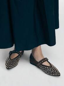 Mnmlis Femmes Mode Navetteur Décoration Strass Bout Pointu Boucle Réglable Ballerines - Marron - Voir 3
