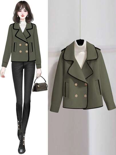 EMERY ROSE Damska, swobodna, krótka kurtka z mieszanki wełny, zapinana na guziki, jesień/zima