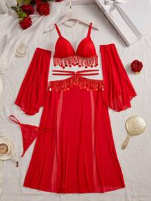 SHEIN 5pcs Halloween Sequins Sequin Bra + Thong + Slit Sequin Mini Skirt + 2pcs Sleeves, Glamorous Party Set Red Lingerie Set 2 Piece Lingerie Set Lingerie Robe Set Red Lingerie 2 Piece - Red - View 8