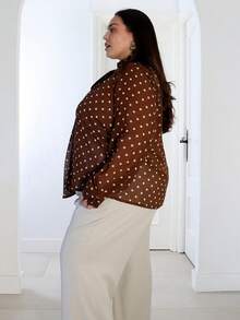 Pretty and Ole Plus Size Coffee Brown Polka Dot Chiffon Blouse, Autumn/Winter Brown Blouses Curvy Blouses Plus Size Western Outfits 70s Outfit Plus Size Chocolate Brown Top - Coffee Brown - View 4