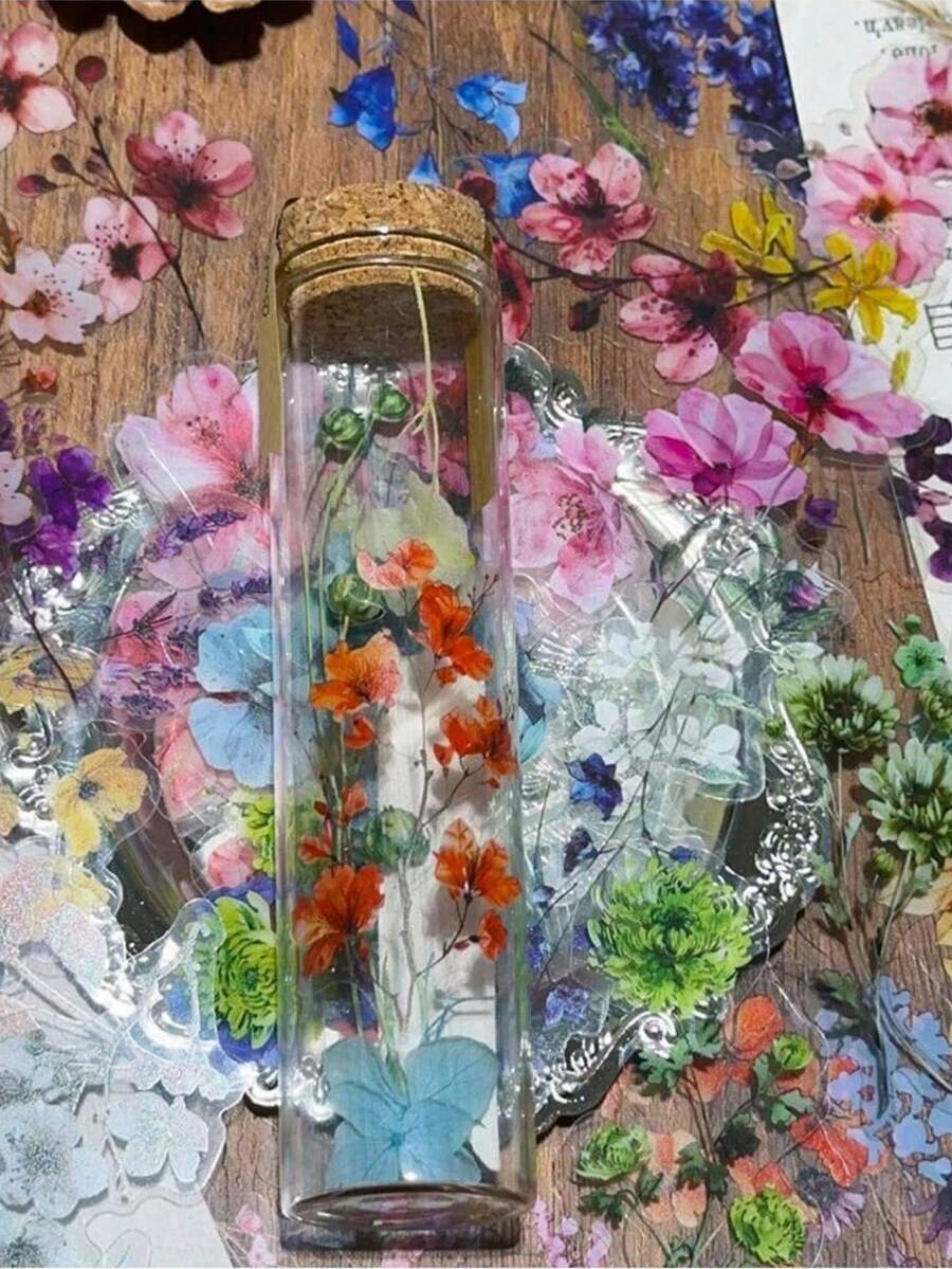 50张/套，2.4英寸*1.3英寸花朵PET贴纸，DIY笔记本防水贴纸，适用于水瓶、电脑、笔记本、行李箱、手机壳、笔记本电脑、自行车和滑板。它们粘性好，不易脱落。也可用于节日、生日、母亲节等场合。 - 彩色 - 查看 1