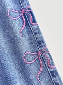 SHEIN Girlism Chân váy dài denim màu hồng thêu nơ, túi, mềm mại, thoải mái, dễ thương cho bé gái tuổi teen, thích hợp mặc hàng ngày, dạo phố, Giáng sinh, Năm mới, mùa đông, váy thường ngày, chân váy thanh lịch, dự tiệc, đi học, váy hoa, chân váy họa tiết. - Rửa nhẹ - Xem 5