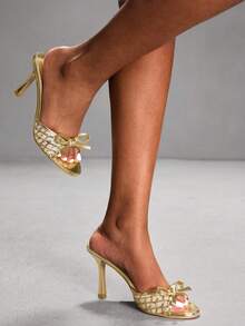 CUCCOO SZL Casual Fashion Bow Decor Open Toe Women Heeled Sandals For Christmas - Gold - View 10