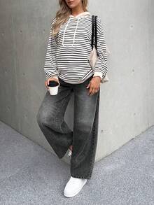SHEIN Pregnant Women's Contrast Color Pocket Casual Versatile Wide-Leg Jeans Black Winter Spring Christmas New Year Thanksgiving Commuting Vacation Graduation Chic Y2k Cute Streetwear Party Wedding Elegant Business Casual Woman Women's Stylish Dark Wash Denim Jeans With Elastic High Waist And Wide Leg Fit For Everyday Comfort Maternity Jeans Everyday Maternity Style Comfortable Wear - Black - View 4