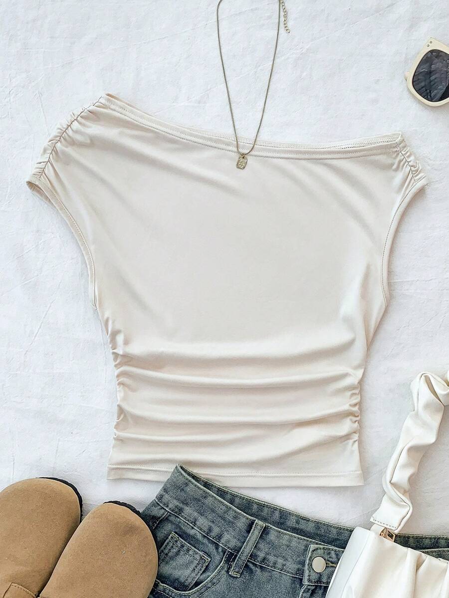 Teen Girls' White Knit Casual Minimalist Polka Dot Print Asymmetric Ruched Cropped Camisole, Suitable For Spring/Summer, Casual, Personalized Styling, Daily Wear - Apricot - View 1