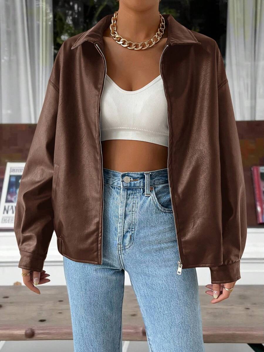 SHEIN EZwear 秋冬季落肩拉链PU短款皮夹克 - 棕色 - 查看 1