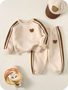 2件套男婴可爱米色小熊图案长袖卫衣和运动裤套装，男女通用婴儿服装，婴儿冬季服装