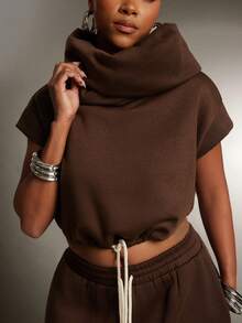 Denimoi High Neck Hooded Multi-Wear Terry Sweatshirt Top Fashionable Streetwear Sweatshirt - Brown - View 6