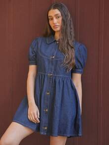 WESTFADE Peter Pan Collar Button Front Puff Sleeve Denim Babydoll Mini Dress Fall, Autumn, Winter, Casual, Cute, Western Wear, Boho, Cowgirl, New Years, NYE, Christmas