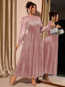 Cravure 大码女式网纱天鹅绒优雅泡泡袖连衣裙，收腰设计，适合派对穿着 - 粉色 - 查看 3