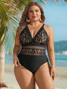 Swim Lushoire 大码优雅蕾丝拼接连体泳衣，性感成熟魅力，适合夏季度假 - 黑色 - 查看 3