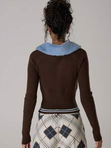 MUSERA Embroidered Fur Collar Cinched Knit Cardigan Casual Cute Autumn Winter Cosy Lounge Knitwear Coco Cloud - Brown - View 4