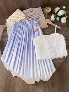 SHEIN Tween Girls Plain Spaghetti Strap Camisole Top And Skirt 2 Pieces Set - Multicolor - View 1