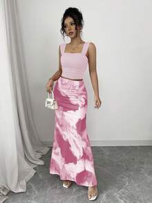 Elenzga Bộ 2 món áo hai dây cổ xếp ly in họa tiết tie-dye lãng mạn - Hồng - Xem 5