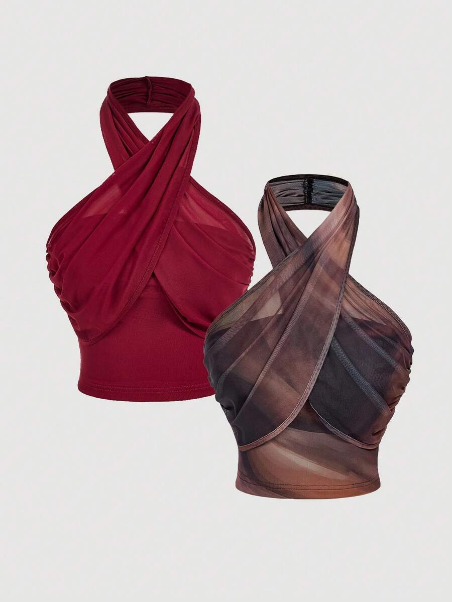 SHEIN MOD 2pcs Women's Criss-Cross Halter Neck Ruched Waist Fashionable Tops, Fall/Winter,Women's Christmas Costume,Casual,Christmas Clothes Women,New Year,Thanksgiving Winter,Party Top - Burgundy - View 1