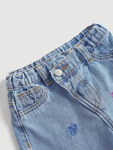 女婴彩色蝴蝶结刺绣图案蓝色牛仔宽松腰不对称裤 - 淺色水洗藍 - 查看 3