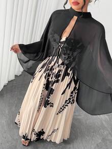 Elenzga Bộ đồ liền thân 2 mảnh họa tiết hoa cỡ lớn dành cho nữ, khăn choàng voan thanh lịch hai mảnh cho mùa xuân/thu Đầm maxi không dây xếp nếp họa tiết hoa gợi cảm dành cho nữ, Đầm dài chữ A hở lưng xếp nếp không tay thanh lịch, thích hợp cho các bữa tiệc, khăn choàng và khăn choàng cho nữ, thích hợp cho váy dạ hội, khăn choàng voan - Màu be - Xem 2