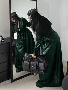 Sunspun 加大码翻领腰带A字型口袋长袖PU防风外套 - 墨綠色 - 查看 3