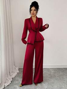 SHEIN Tall 两件套女士时尚撞色修身外套+纯色裤子套装 - 紅色 - 查看 8