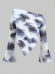 SHEIN Tween Girls Asymmetric Shoulder Design Knit Printed Casual Fashionable Matching Family Tops - Blue - View 2