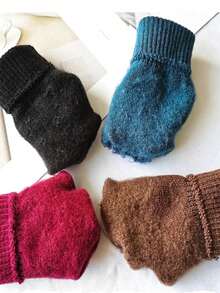 1 Pair Unisex Winter Warm Cold-Proof Fleece Knitted Hand Warmers Black Gloves Full Finger Knitted Gloves Women Men Thicken Warm Outdoor Cycling Gloves - Multicolor - View 4