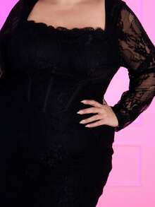 Pretty and Ole 大码淑女连衣裙约会女装浪漫约会蕾丝长裙优雅包臀淑女装长裙秋冬新款女士聚会约会派对性感S型蕾丝长袖罩杯鱼骨领方领紧身黑色超长包臀连衣裙 - 黑色 - 查看 3