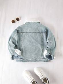 SHEIN Chaqueta vaquera azul lavada informal y holgada para niños preadolescentes, con diseño de cuello y forro térmico cómodo, versátil para otoño/invierno - Lavado ligero - Ver 4