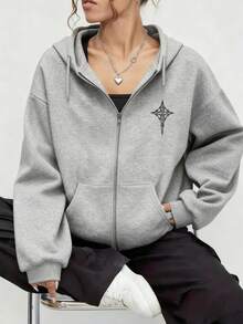Sudadera con capucha de cierre completo roja con estampado geométrico bordado para mujer estilo casual urbano - Gris - Ver 1