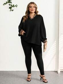 SHEIN CURVE+ Áo kiểu tay phồng họa tiết da báo tương phản/2026/Bữa tiệc trưa mùa hè năm mới - màu đen - Xem 7